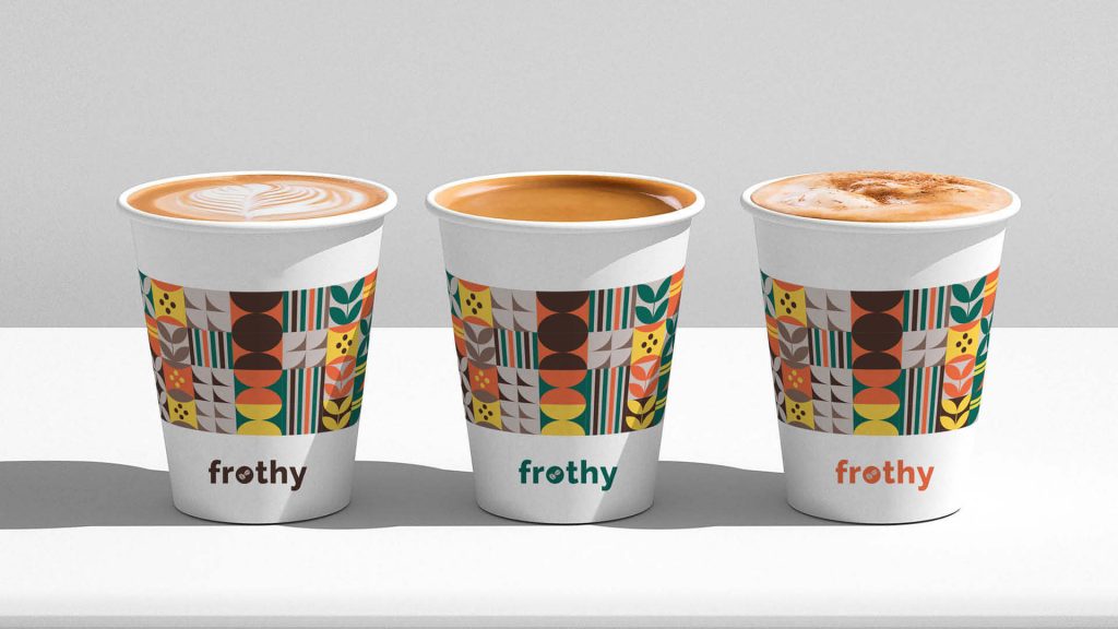 Trendy coffee brand logo designs on coffee cups, part of the custom logo designs portfolio.