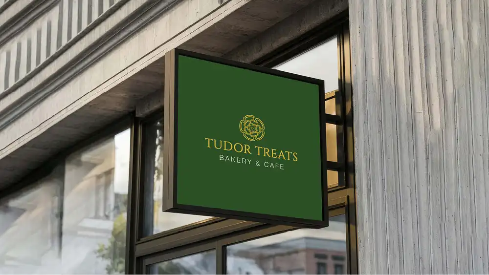 Creative bakery logo mockup on a green building sign, highlighting vibrant branding for food businesses.