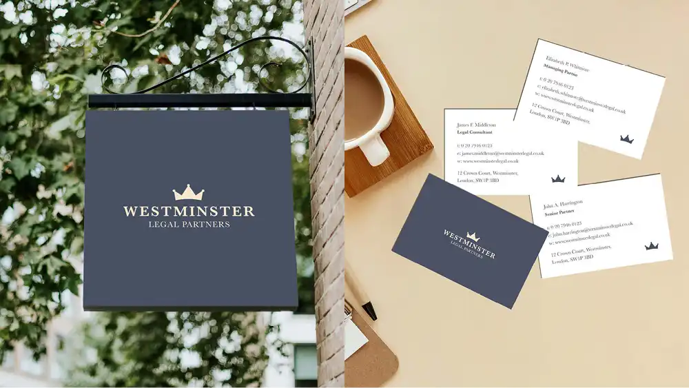 Elegant law firm branding with logo design on signage and business cards, symbolising trust and authority.