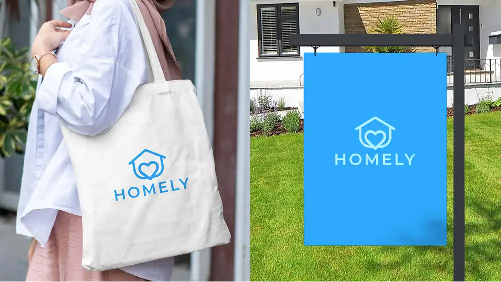 Compassionate care home logo displayed on a tote bag and signage, tailored for professional healthcare branding.