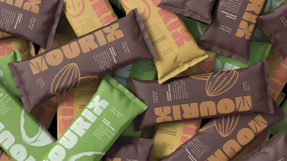 Nourik plant-based protein bar logo and packaging design created as part of a custom branding project.